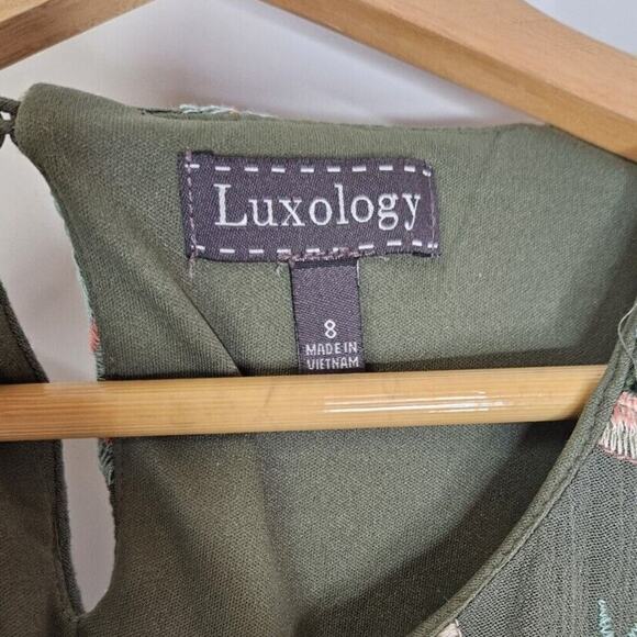 Luxology Dress Floral Embroidered Cold Shoulder Flare Sleeve Green Chic Size 8 - Picture 6 of 7